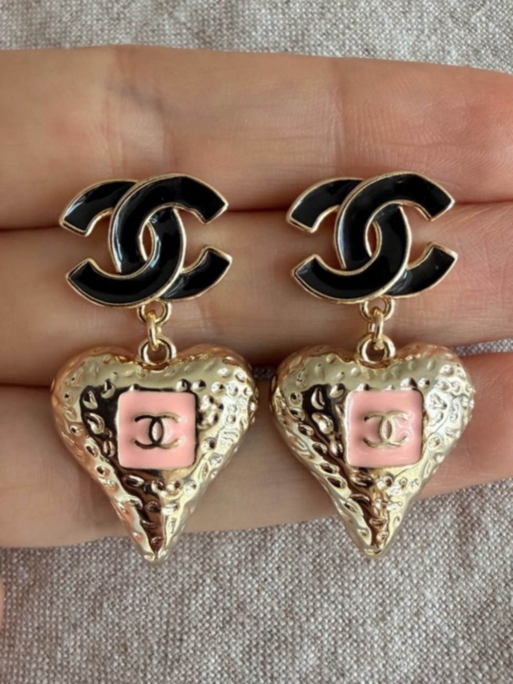 Chanel Pink Heart & Black CC Dangle Earrings Black & Gold Heart Drop